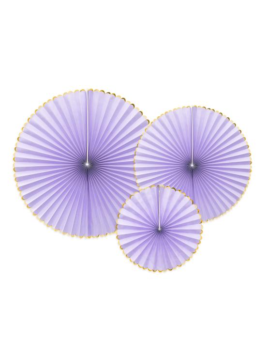 3 abanicos de papel decorativos lilas con borde dorado - Yummy