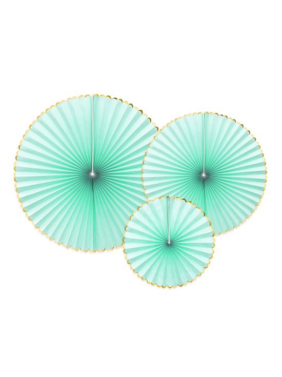 3 abanicos de papel decorativos verde menta con borde dorado - Yummy