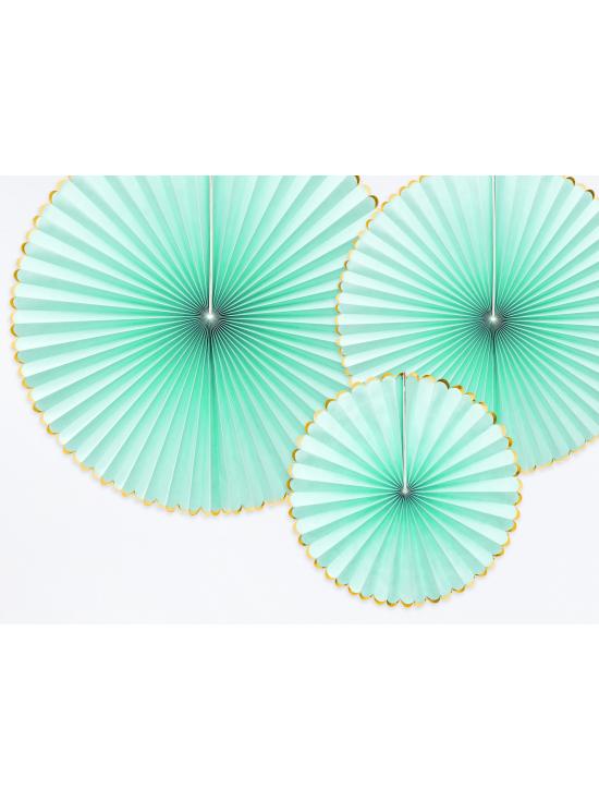 3 abanicos de papel decorativos verde menta con borde dorado - Yummy