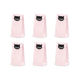 6 bolsas rosas de papel con pegatinas de gatos - Meow Party