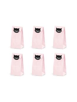 6 bolsas rosas de papel con pegatinas de gatos - Meow Party