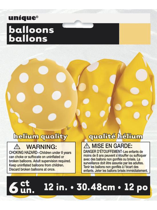6 globos amarillos con topos blancos (30 cm)