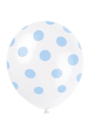 6 globos blancos con topos azules (30 cm)