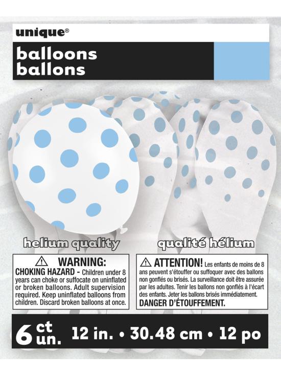 6 globos blancos con topos azules (30 cm)