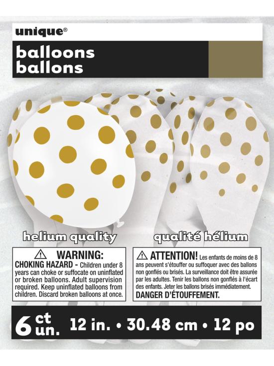 6 globos blancos con topos dorados (30 cm)
