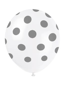 6 globos blancos con topos plateados (30 cm)