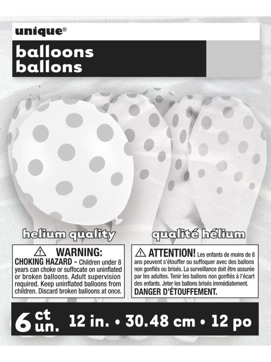 6 globos blancos con topos plateados (30 cm)