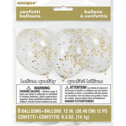 6 globos de látex con confeti dorado interiores