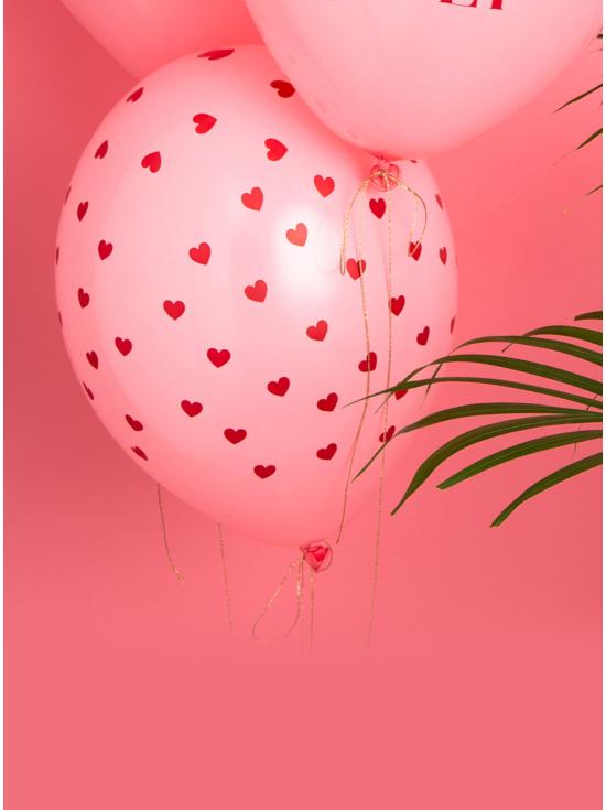 6 globos de látex rosas con corazones rojos (30 cm) - Valentine Collection
