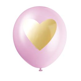 6 globos de látex surtidos de colores blanco, rosa claro y rosa intenso con corazón dorado (30 cm)