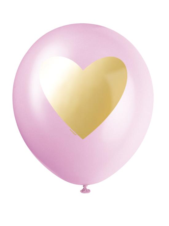 6 globos de látex surtidos de colores blanco, rosa claro y rosa intenso con corazón dorado (30 cm)