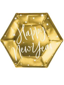 6 platos Fin de Año Happy New Year dorados (20 cm) - Jolly New Year
