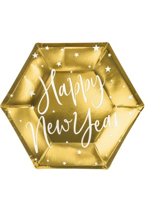 6 platos Fin de Año Happy New Year dorados (20 cm) - Jolly New Year