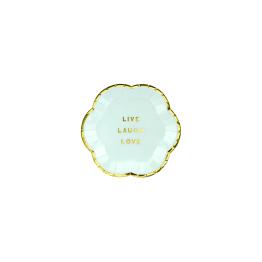 6 platos azules pastel con borde dorado "Live, Laugh, Love" de papel (13 cm) - Yummy