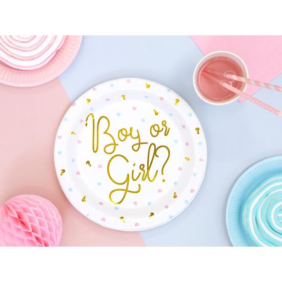 6 platos blancos con inscripción dorada "Boy or Girl?" de papel (23 cm) - Gender Reveal Party 6 platos blancos con inscripción dorada "Boy or Girl?" de papel (23 cm) - Gender Reveal Party