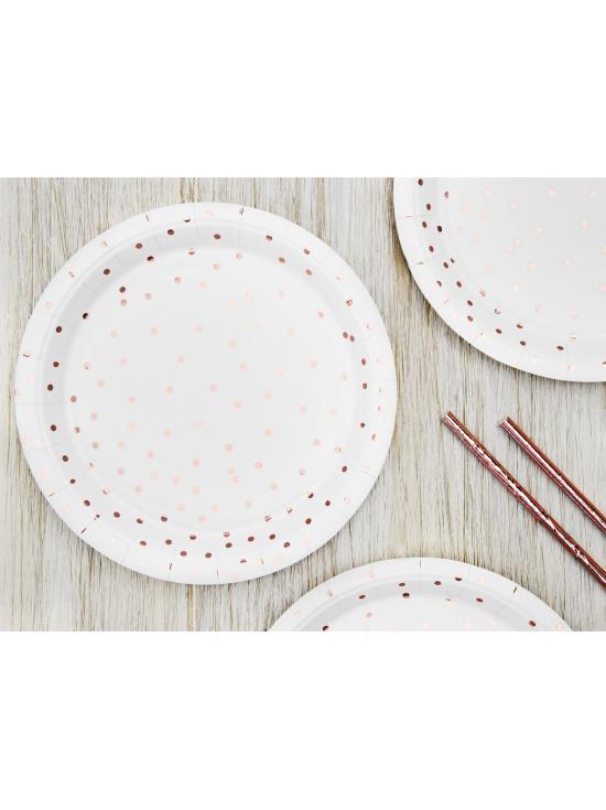 6 platos blancos con lunares en oro rosas de papel (18 cm) - Polka Dots Collection