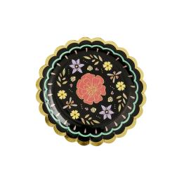 6 platos negros con flores multicolor de papel (18 cm) - Dia de Los Muertos Collection