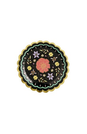 6 platos negros con flores multicolor de papel (18 cm) - Dia de Los Muertos Collection