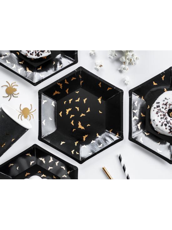 6 platos negros con murciélagos dorados de papel (20 cm) - Trick or Treat Collection