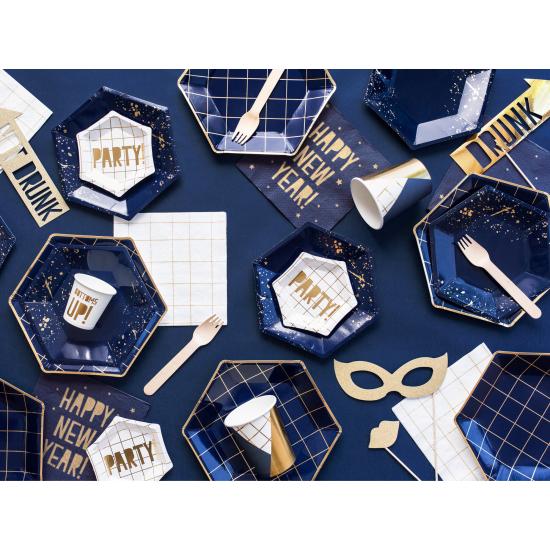 6 platos pentagonales azules marino con cuadrículas doradas de papel para nochevieja (23 cm) - Happy New Year Collection