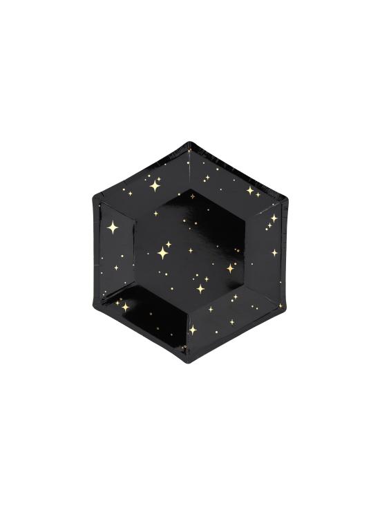 6 platos pentagonales negros con estrellas doradas de papel (20 cm) - New Year’s Eve Collection