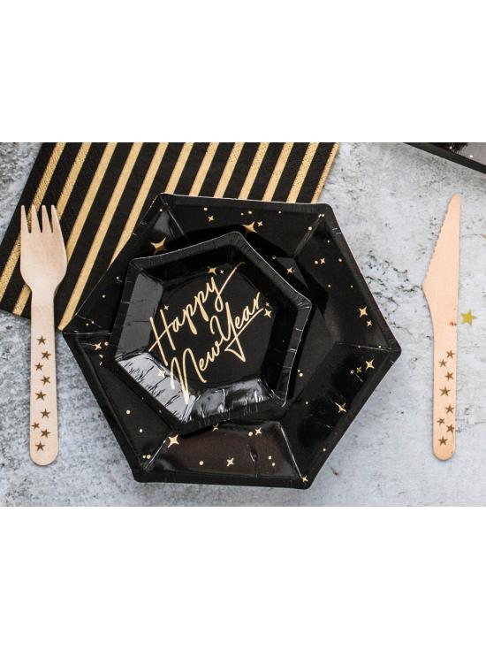 6 platos pentagonales negros con estrellas doradas de papel (20 cm) - New Year’s Eve Collection