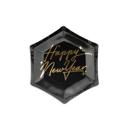 6 platos pentagonales negros y dorados "Happy New Year" de papel para nochevieja (12,5 cm) - New Year’s Eve Collection