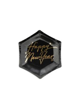 6 platos pentagonales negros y dorados "Happy New Year" de papel para nochevieja (12,5 cm) - New Year’s Eve Collection