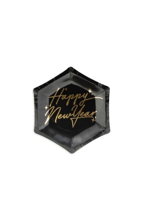 6 platos pentagonales negros y dorados "Happy New Year" de papel para nochevieja (12,5 cm) - New Year’s Eve Collection