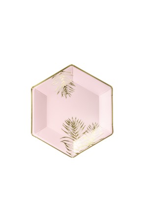 6 platos pentagonales rosas con hojas doradas de papel (23 cm)