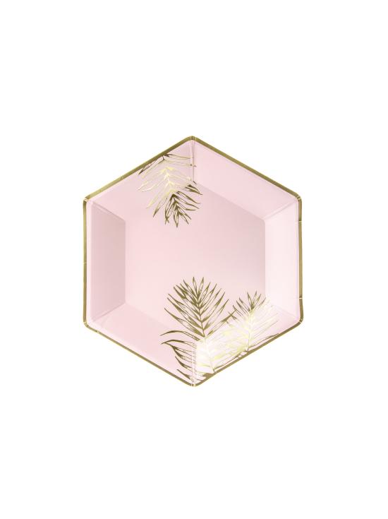 6 platos pentagonales rosas con hojas doradas de papel (23 cm)