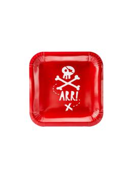 6 platos rojos cuadrados "Arr!" de papel (20 cm) - Pirates Party
