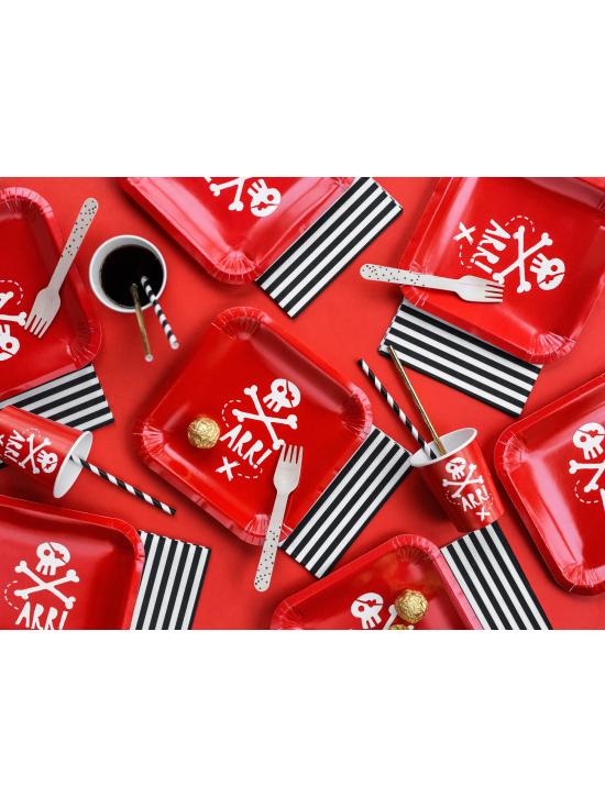 6 platos rojos cuadrados "Arr!" de papel (20 cm) - Pirates Party
