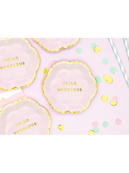 6 platos rosas pastel con borde dorado "Hello gorgeus" de papel (13 cm) - Yummy