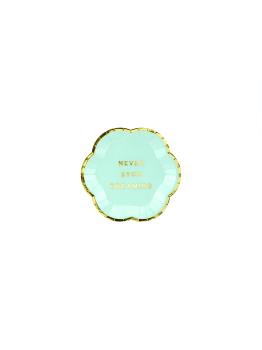 6 platos verde menta pastel con borde dorado "Never stop dreaming" de papel (13 cm) - Yummy