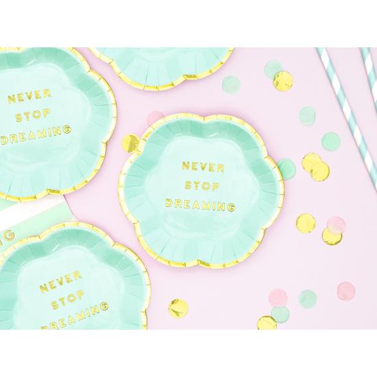 6 platos verde menta pastel con borde dorado "Never stop dreaming" de papel (13 cm) - Yummy