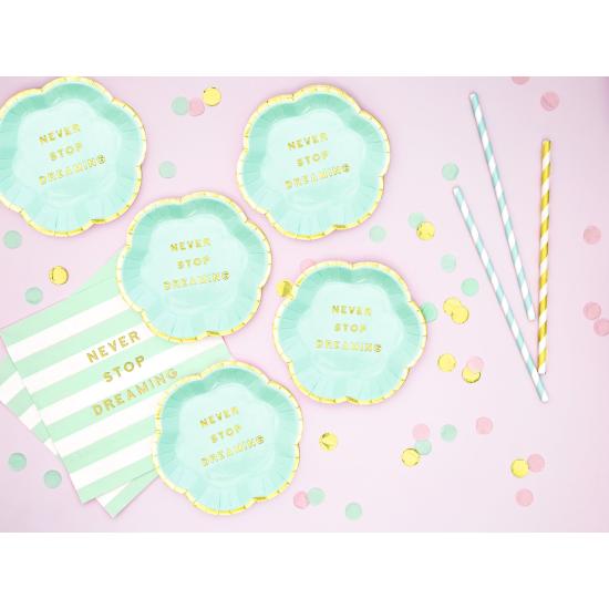 6 platos verde menta pastel con borde dorado "Never stop dreaming" de papel (13 cm) - Yummy