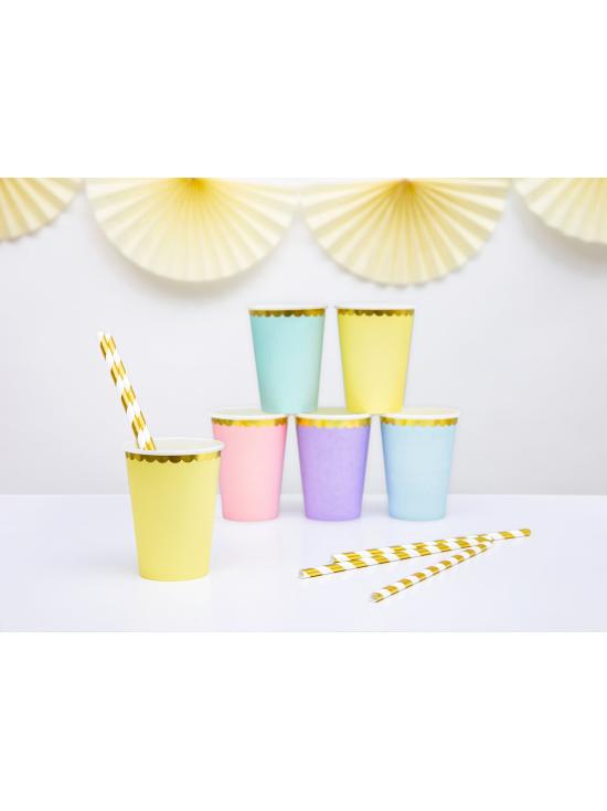 6 vasos amarillo pastel con borde dorado de papel - Yummy