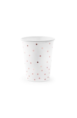6 vasos blancos con lunares oro rosa de papel