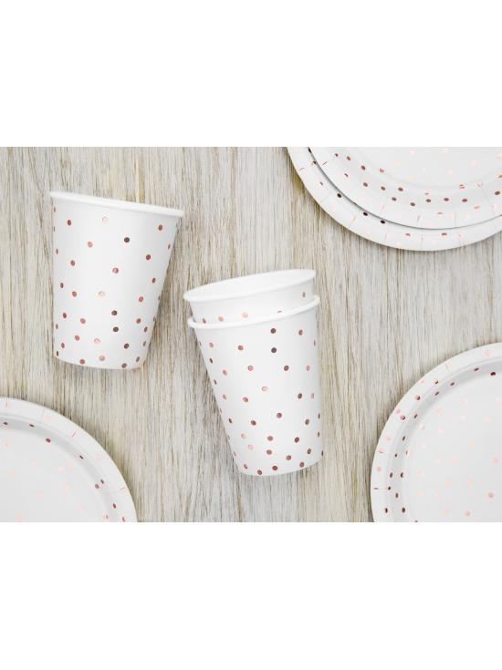 6 vasos blancos con lunares oro rosa de papel