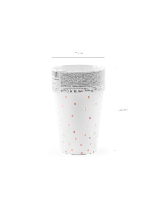 6 vasos blancos con lunares oro rosa de papel