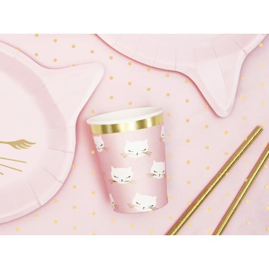 6 vasos de gatos rosa pastel de papel - Meow Party