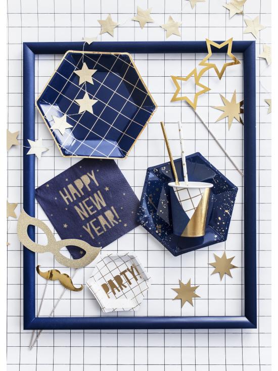6 vasos estampado geométrico azul oscuro y dorado de papel para nochevieja - Happy New Year Collection