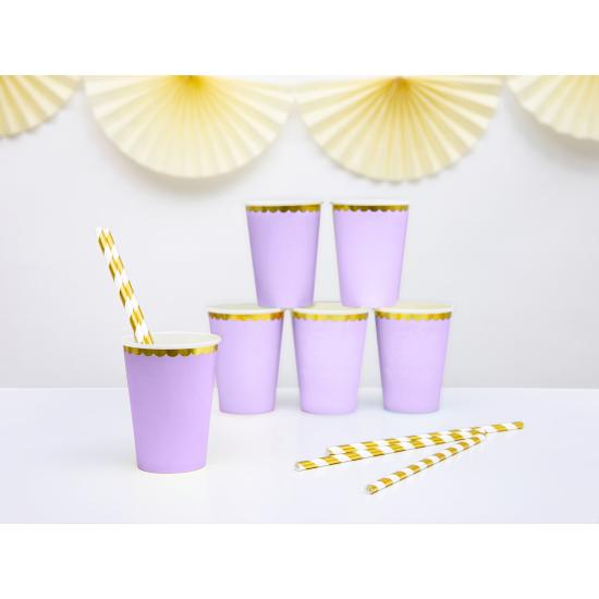 6 vasos lila pastel con borde dorado de papel - Yummy