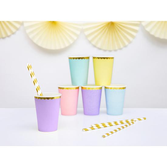 6 vasos lila pastel con borde dorado de papel - Yummy