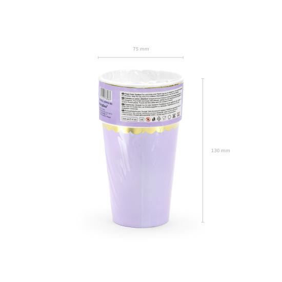 6 vasos lila pastel con borde dorado de papel - Yummy