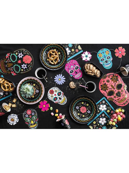 6 vasos negros con estampado de flores multicolor de papel - Dia de Los Muertos Collection