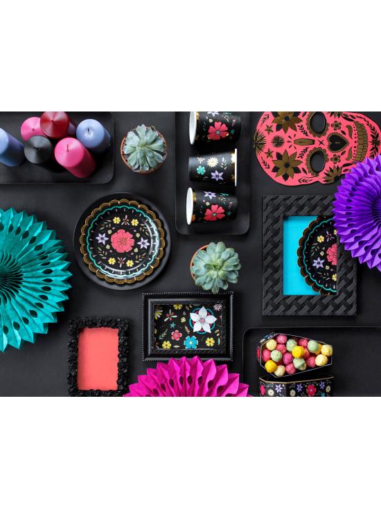 6 vasos negros con estampado de flores multicolor de papel - Dia de Los Muertos Collection