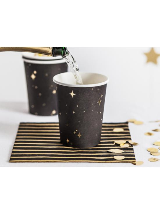 6 vasos negros con estrellas doradas de papel - New Year’s Eve Collection