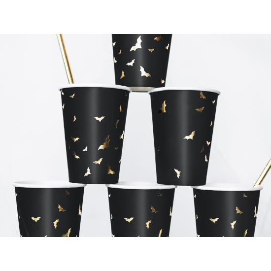 6 vasos negros con murciélagos dorados de papel - Trick or Treat Collection